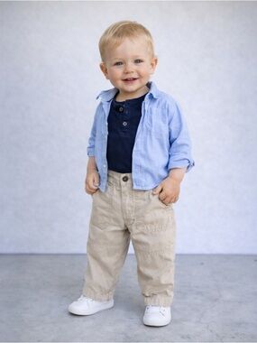 Janie and Jack Light Blue Shirt, Navy Henley & Khaki Pants Kids Matching Set